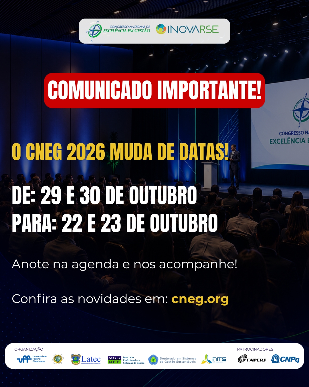 CNEG & INOVARSE 2026 tem novas datas: 22 e 23 de outubro